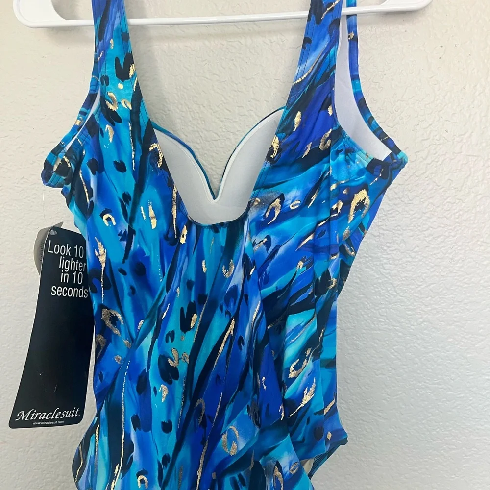 Miraclesuit Blue Multi Ruched One-Piece Swimsuit with Gold Accents